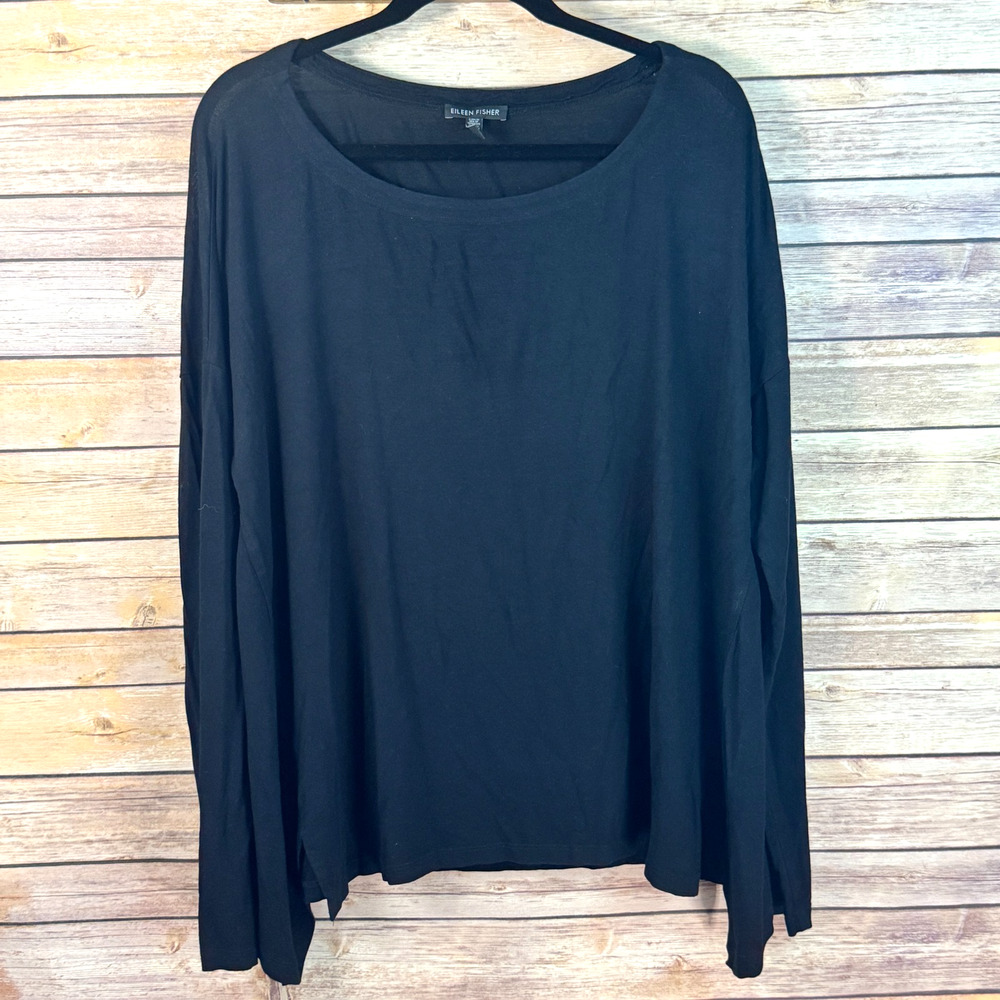 Eileen Fisher Black Long Sleeve Jersey Knit Relaxed Fit Tunic Top M/M